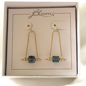 jBloom Gold Tone Hammered Dangle Earrings w/ Blue Faceted Glass Cube – NIB